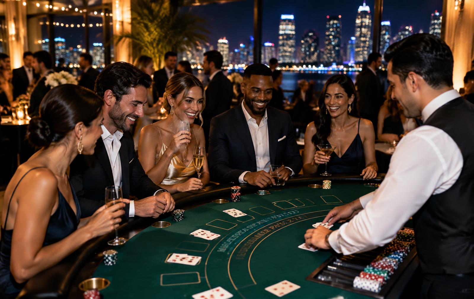 Guests in cocktail attire playing blackjack with a dealer at a Miami casino night party
